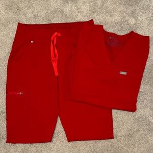 Figs Vivid Red Scrub Set with V-Neck and Cargo Pants
